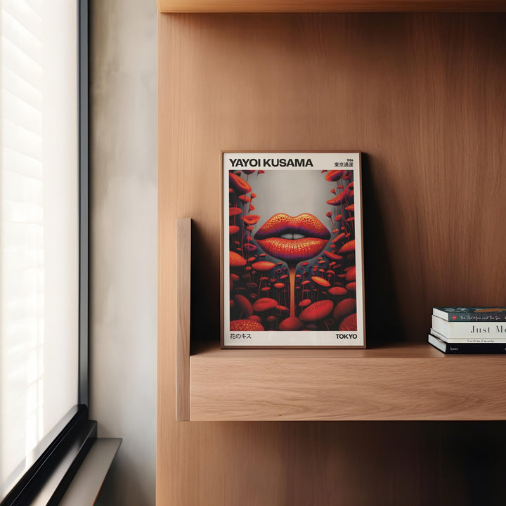 Strange wall art with lips mushroom and red abstract shapes leaning on a wooden shelf next to stacked books
