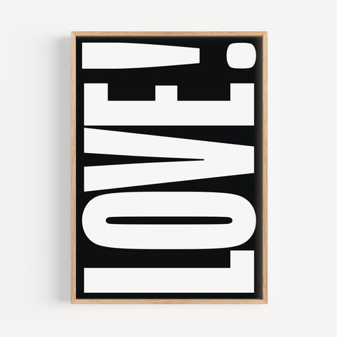 LOVE typography wall art with bold black-and-white minimalist design
