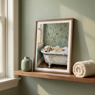 Framed artwork of a dog in a bathtub on a wooden shelf with a vase and towel.