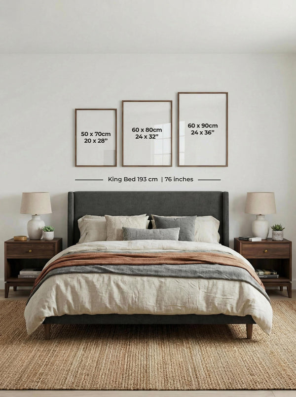 Medium Wall Art above King Bed with measurement guides