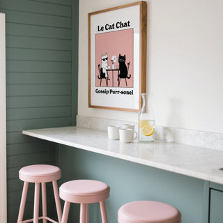 Humorous cat poster with two gossiping cats in a cafe