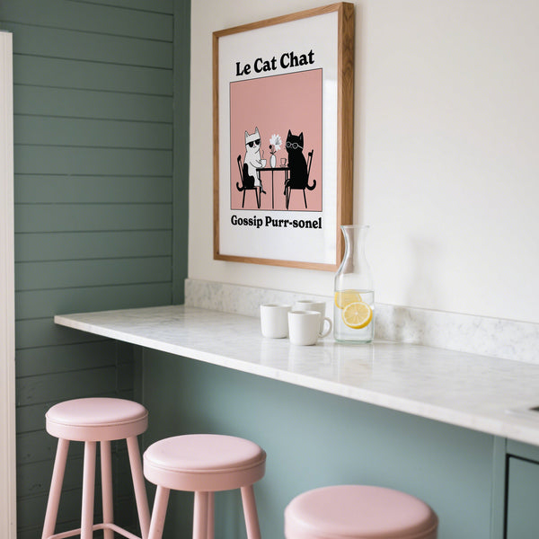 Humorous cat poster with two gossiping cats in a cafe