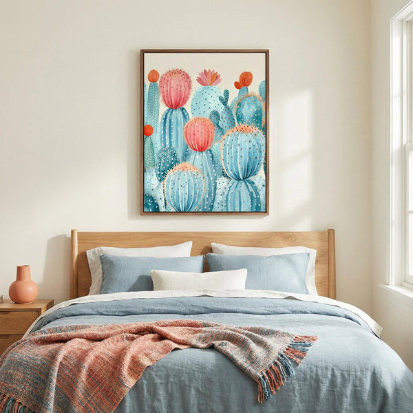 Bedroom with a colorful cactus painting on the wall above a bed.