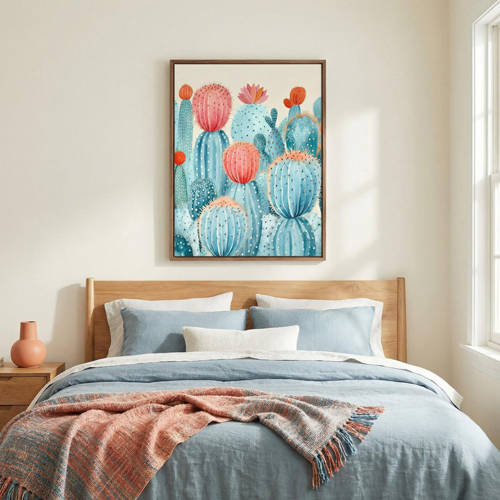 Colorful Cactus Print print on a wall in a bedroom above a wooden bed with cushions and bedding