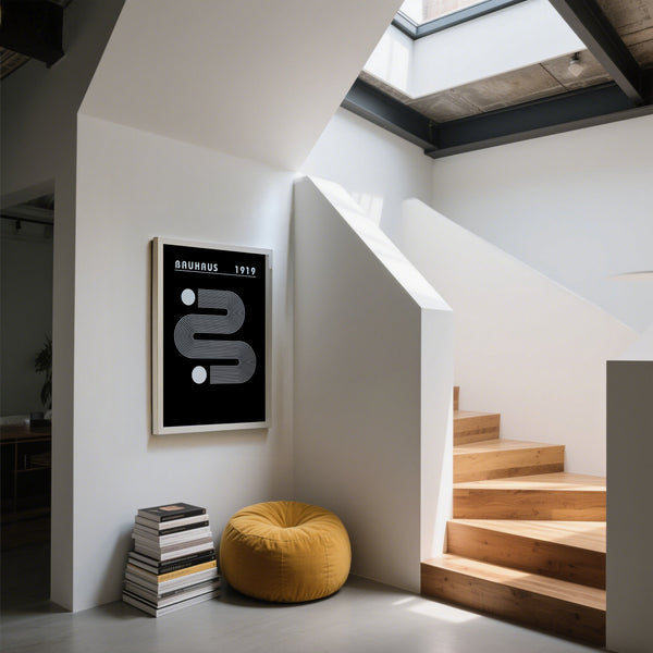 Striking black minimalist art poster with geometric lines and circles