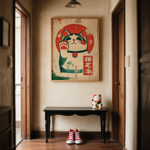 Art print of Lucky Cat Maneki-Neko featuring Japanese symbols and rustic background
