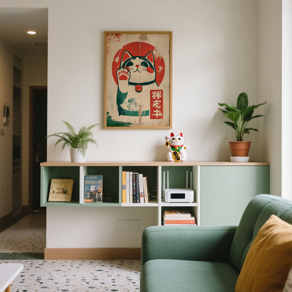 Modern living room with bold lucky cat maneki-neko wall art