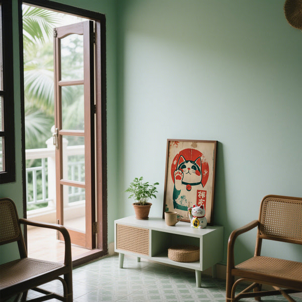Japanese cultural artwork with traditional lucky cat maneki-neko