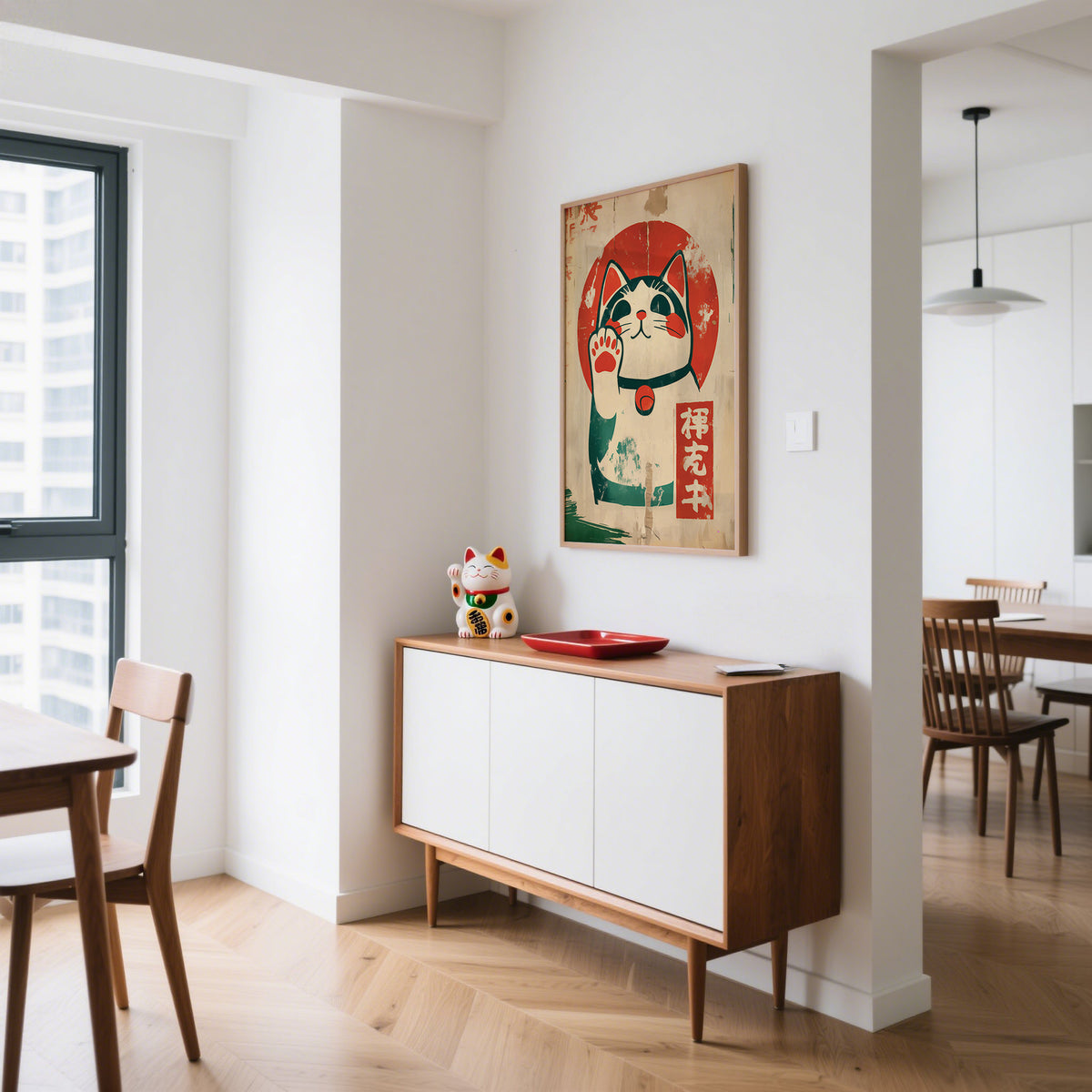 Iconic waving gesture of the lucky cat maneki-neko in vibrant print