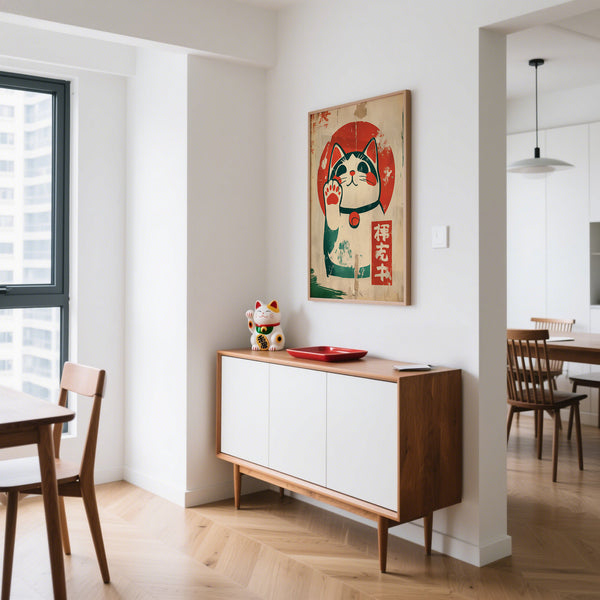 Iconic waving gesture of the lucky cat maneki-neko in vibrant print