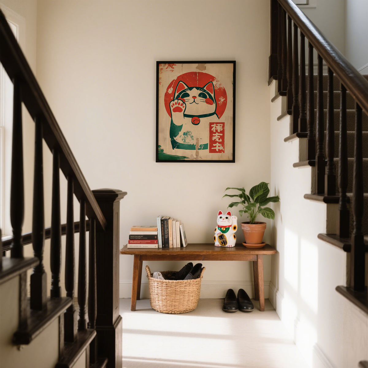 Playful fortune cat decor featuring lucky cat maneki-neko style