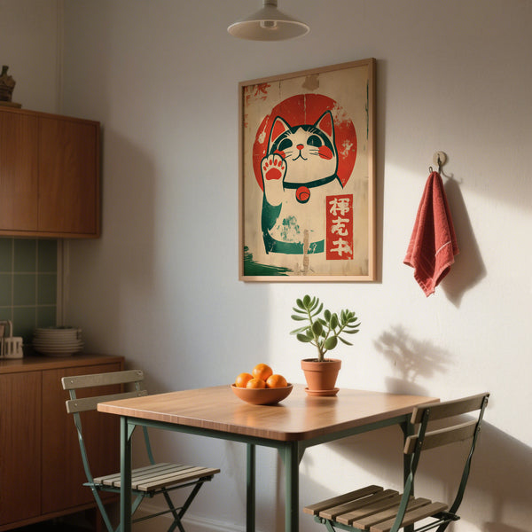 Illustration of Lucky Cat Maneki-Neko raising paw against red sun circle