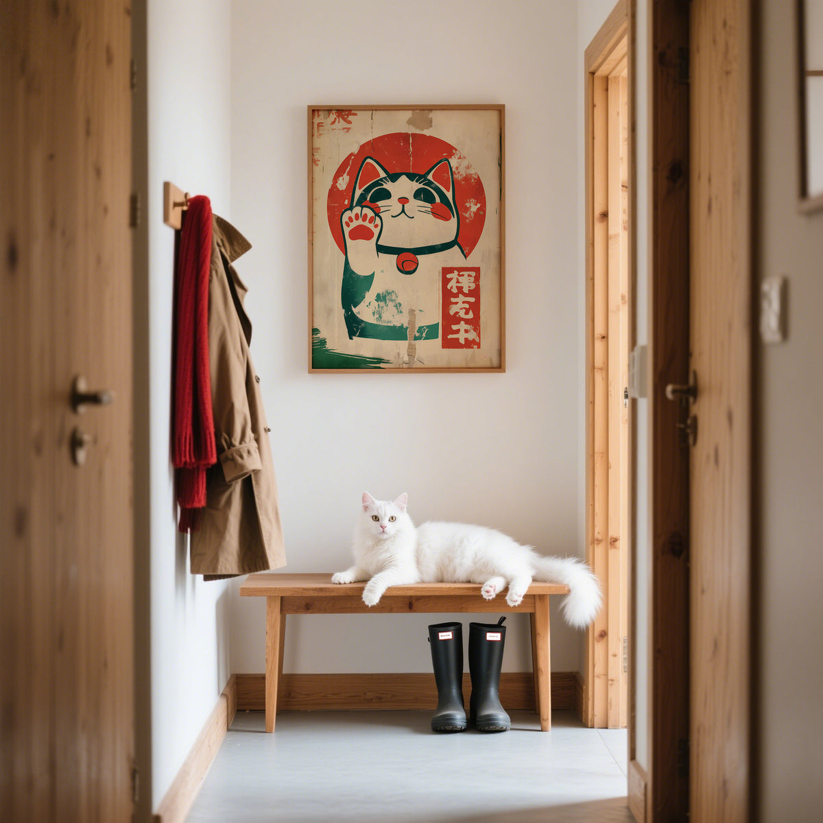 Japanese vintage-style lucky cat maneki-neko poster for home decor