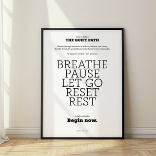 The Quiet Path printed in soft black on white meditation poster