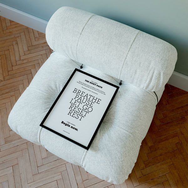 White meditation poster with restful daily guidance text
