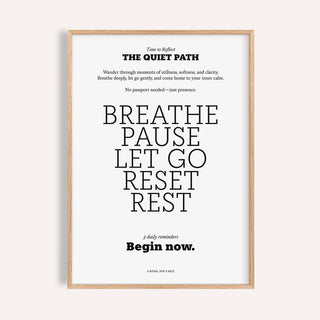 White minimalist meditation poster with gentle breath reminders