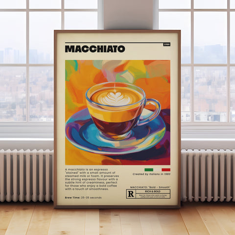 Colourful macchiato coffee shop wall art poster.