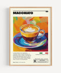 Colourful macchiato coffee shop wall art poster.