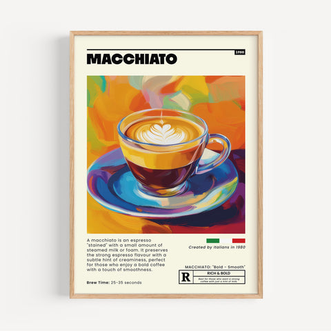 Colourful macchiato coffee shop wall art poster.