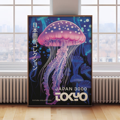 Glowing jellyfish wall art in pink, purple, and blue, Japanese-inspired for unique spaces