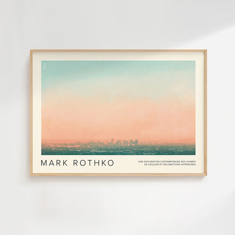 Abstract skyline art print featuring peach and teal gradients inspired by Mark Rothko.
