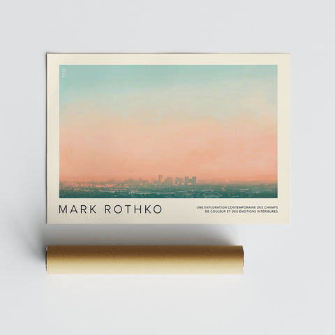 Minimalist cityscape poster with soft colour transitions in calming tones.





