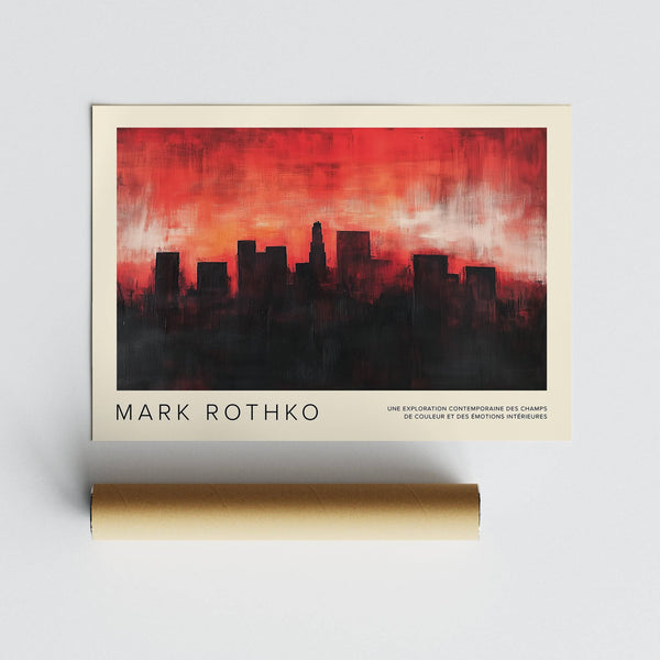 Wall art California with vivid orange-red tones and city skyline