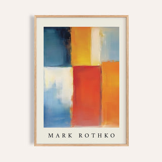 Framed print close-up of Mark Rothko Orange Red and Yellow with abstract colour blocks in orange blue and yellow