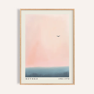 Framed pink and blue wall art with abstract horizon and bird silhouette in sky