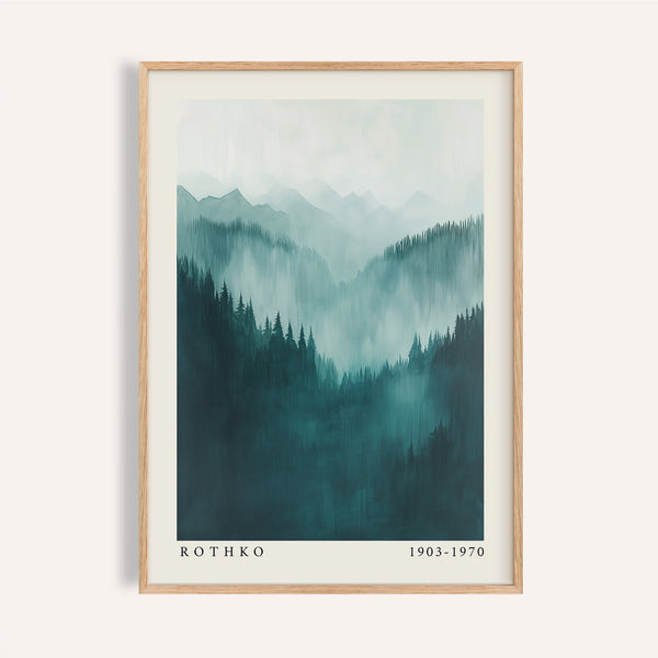Mountain wall art with dark forest layers in misty blue-green hues