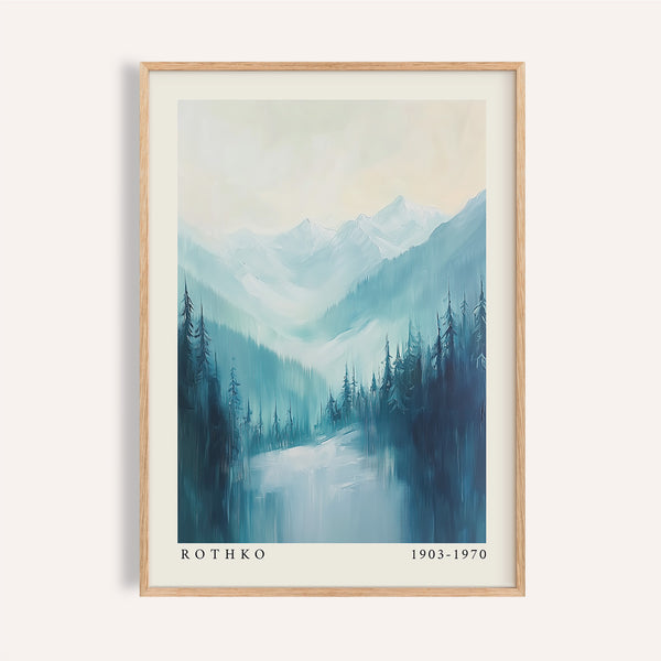 Rothko-inspired nature prints with flowing brush textures and alpine peaks
