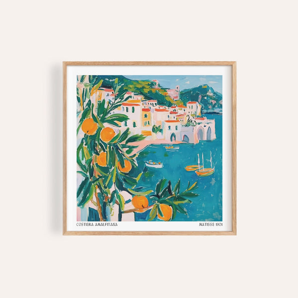 Amalfi Coast print featuring vibrant blue waters and citrus trees