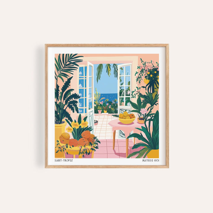 Vibrant coastal wall art with Saint-Tropez terrace and tropical greenery