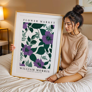 William Morris inspired purple flower artwork with lush green leaves for bedrooms