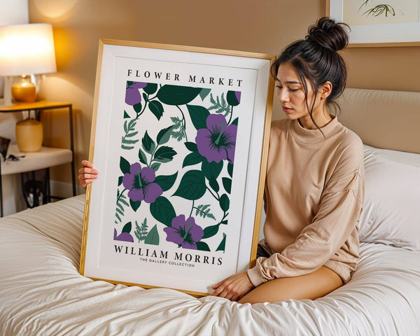 William Morris inspired purple flower artwork with lush green leaves for bedrooms