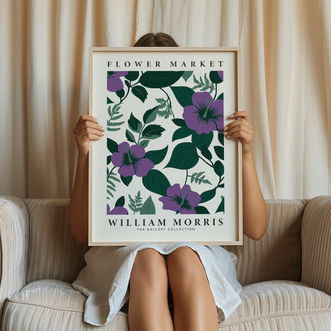 William Morris-style floral print with purple blooms
