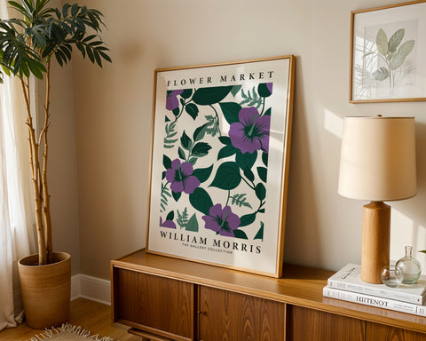 Vintage floral wall art with purple flowers and green leaves
