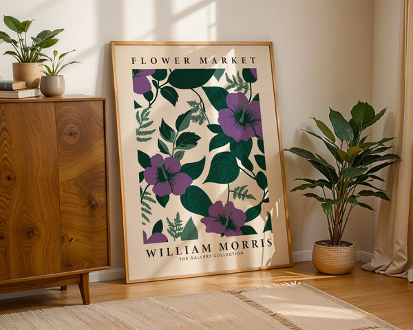 Deep purple flower artwork capturing William Morris’s detailed floral style