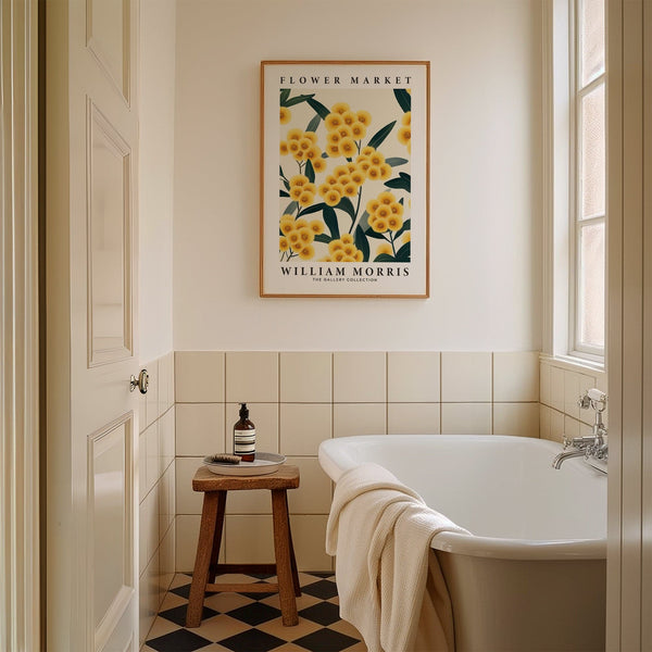 Modern yellow flower wall art with William Morris-inspired design