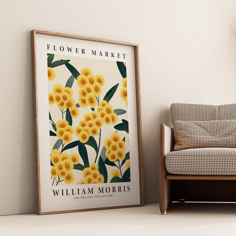 Yellow flower wall art inspired by William Morris for living room decor
