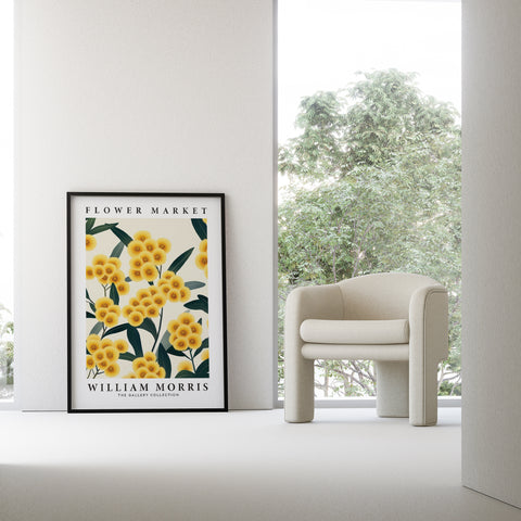 Botanical yellow flower print with rich green foliage for modern decor
