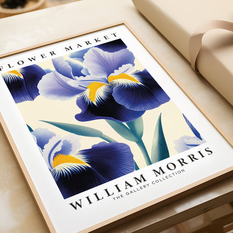 Blue and gold iris wall decor inspired by William Morris
