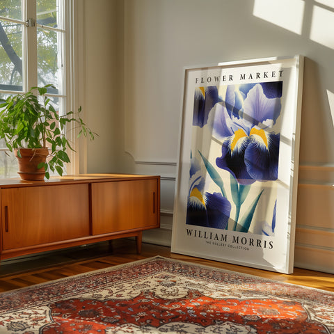 Blue iris floral wall art for living room decor
