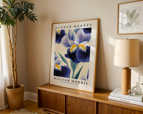 Floral wall art with blue iris motif for calming effect
