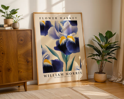 Deep blue iris flower poster with vibrant details
