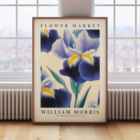 Blue iris flower print with golden accents for tranquil spaces
