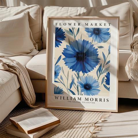 Botanical art print with blue cornflowers for vintage decor
