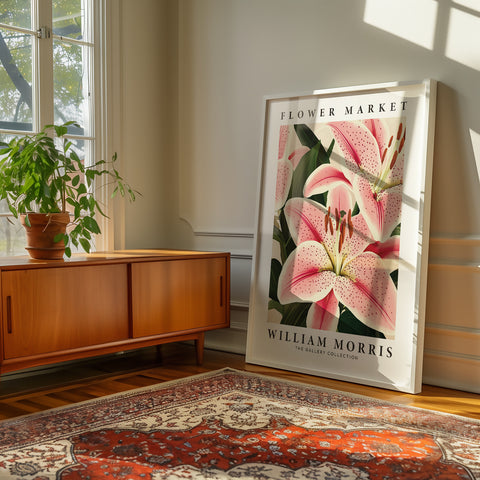 Detailed pink lily art print for tranquil settings
