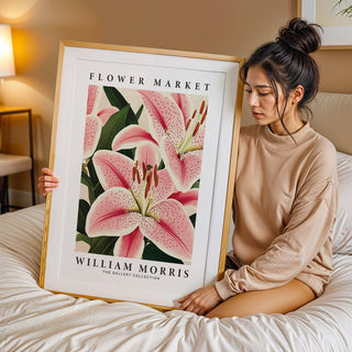 William Morris-style floral print featuring pink lily flower painting art