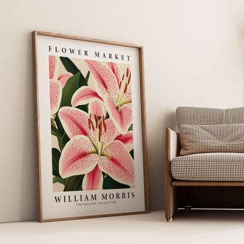 Botanical pink lily print for William Morris collection
